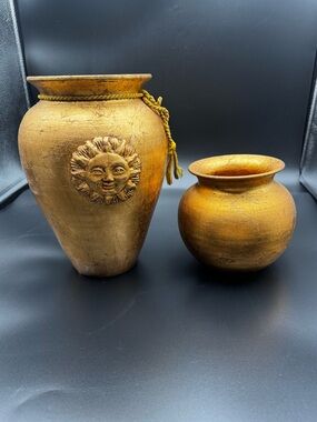 Rustic Gold Terracotta Vase Set (2) Sun Face Embossed Tuscan Decor Vintage Style
